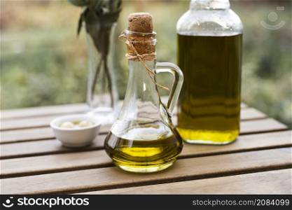 close up bottles natural olive oil