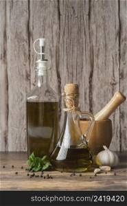 close up bottles organic olive oil