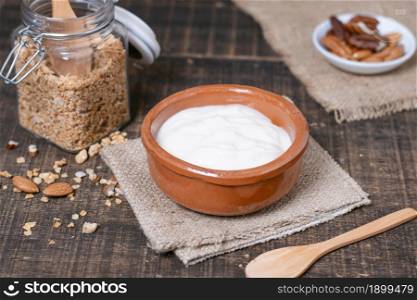 close up breakfast bowl with yogurt table. Resolution and high quality beautiful photo. close up breakfast bowl with yogurt table. High quality beautiful photo concept