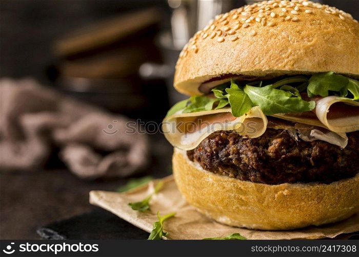 close up burger with bacon