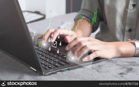 close up businesswoman hand type on laptop for work (from home) of company profit with colleagues partner explain with virtual dashboard statistic chart stock infographic : Concept business technology.