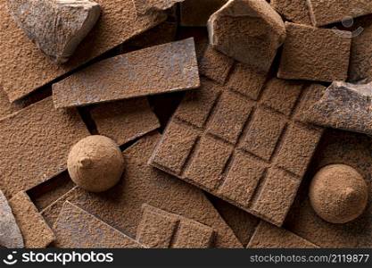 close up candy with chocolate cocoa powder