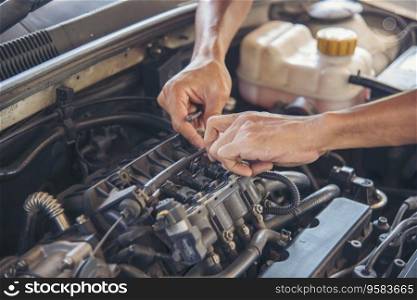 Close up Car Mechanic man hands repairing car auto repair shop. Man hands fixing machinery vehicle mechanical service. open vehicle hood checking up auto mobile. Vehicle Car maintenance engineer.