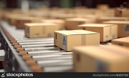 Close up cardboard boxes on roller conveyor with storage warehouse background. Generative AI