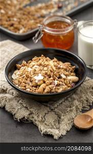 close up cereals with milk ready be served