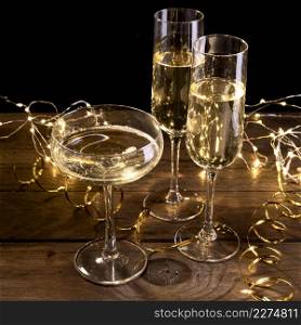 close up champagne glasses table