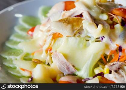 close up chicken and fresh vegetable salad with creamy sauce