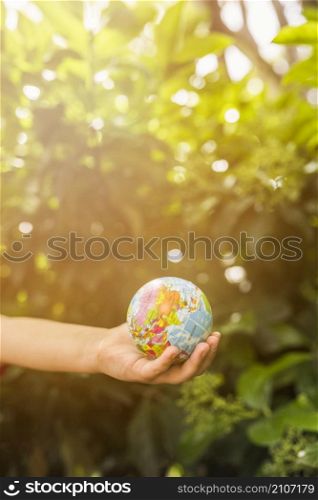 close up child s hand holding globe ball front green plant sunlight