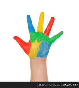 Close up childA?s hand with many colors. Close up childA?s hand with many colors isolated on a white background