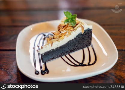 Close up chocolate cake homemade on wooden table