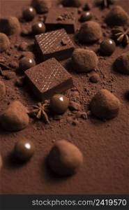 close up chocolate waffles truffles cocoa powder
