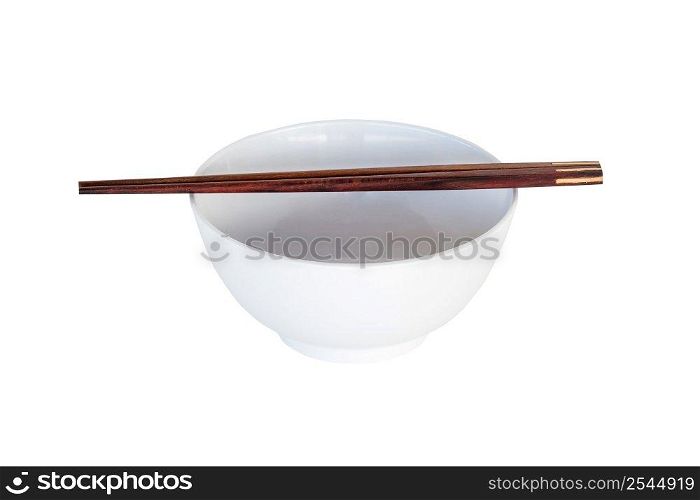close up chopsticks and white bowl isolated on white.