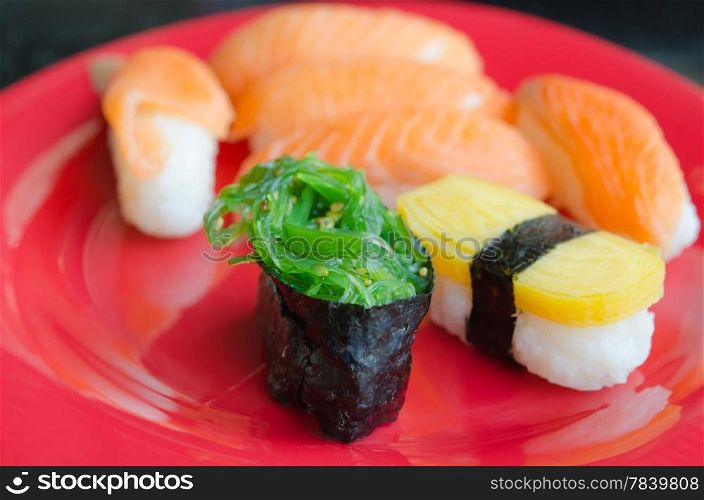 close up Chucka seaweed sushi on dish , japanese food