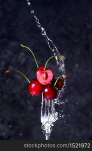 Close up Composition of Cherries on Fork Flying in the air with Water Splashes on the Dark Background.. Close up Composition of Cherries on Fork Flying in the air with Water Splashes on the Dark Background