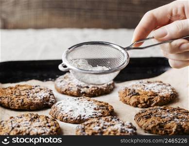 close up cookies with sugar powder