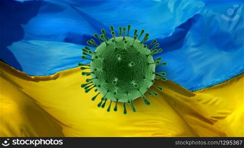 Close-up Coronavirus molecule on a background of blue yellow Ukrainian flag. Coronavirus, Covid 19 pandemic, Quarantine concept.. Model of Coronavirus on the background of Ukrainian flag.