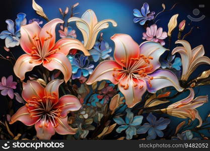 Close-up, creative, abstract image lily flowers against a blue background