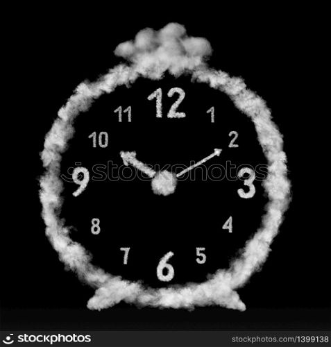 Close up creative composition the alarm clock made from white clouds or smoke on a black background with copy space.. The alarm clock made from white clouds on a black background.