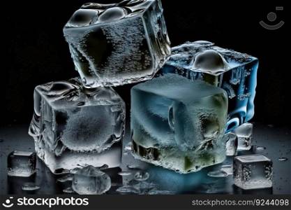Close-up crystals of transparent ice cube isolated on white background. A group of fresh pieces of ice. AI generated.. Close-up crystals of transparent ice cube isolated on white background. AI generated.