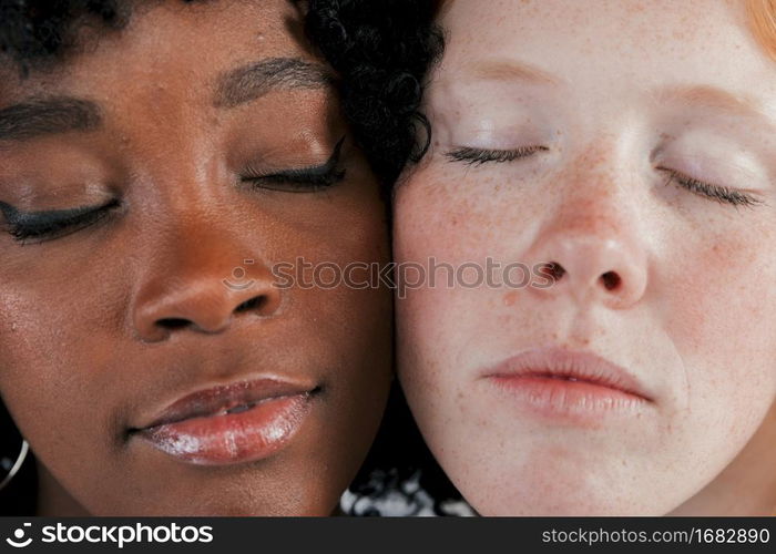 close up dark fair skin woman s face with eye closed