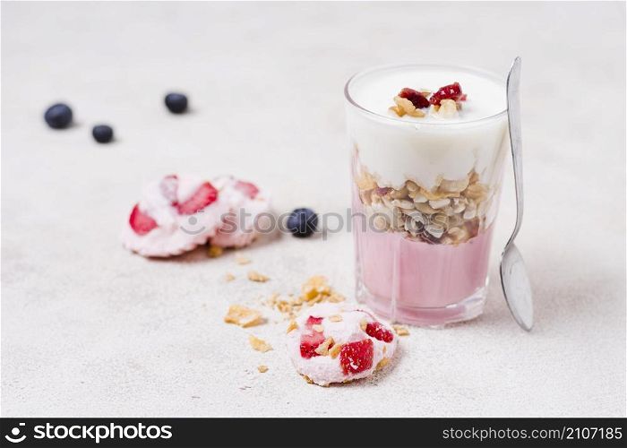 close up delicious glass milk with fruits