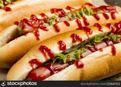 close up delicious hot dogs with ketchup