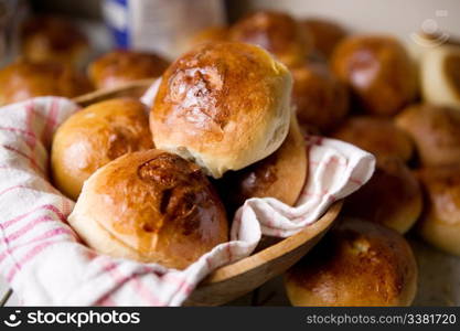 Close up detail of freshly baked hot cross buns.