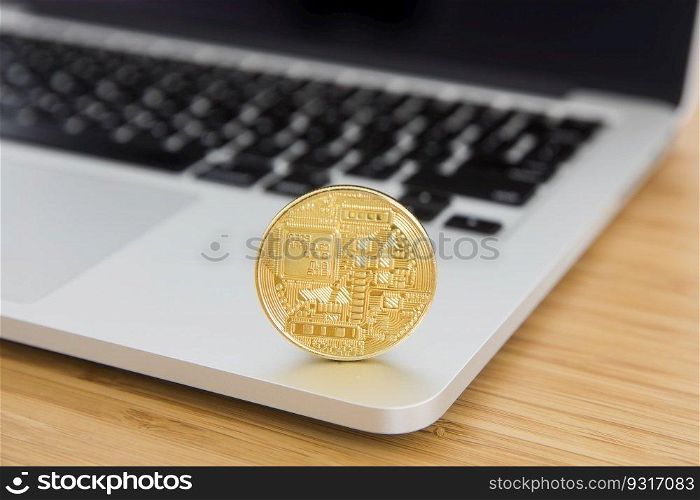 Close up detail view at cryptocurrency bitcoin on laptop