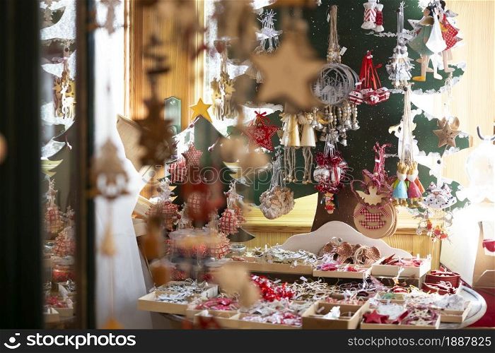 close up details of christmas markets. Christmass tree decorations. Austria