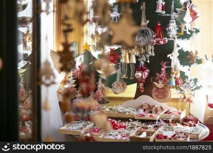 close up details of christmas markets. Christmass tree decorations. Austria