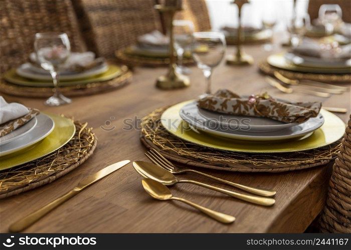 close up dining table with plates details