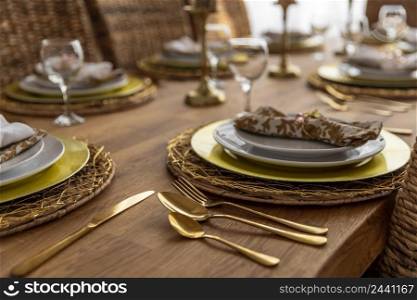 close up dining table with plates details