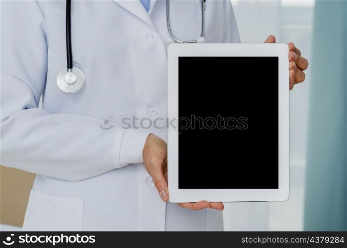 close up doctor holding tablet mock up