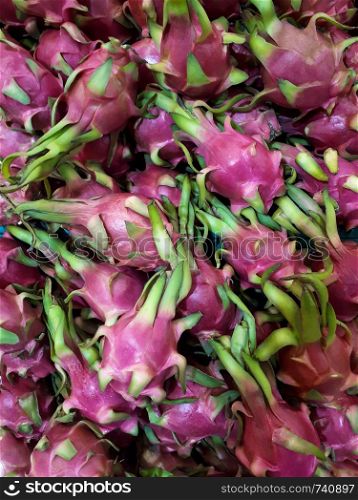Close up dragon fruit on stall in supermarket