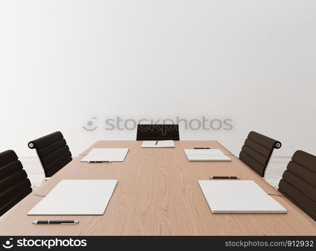 Close up empty meeting room with chairs, wooden table, notebook, concrete wall for copy space and mock up