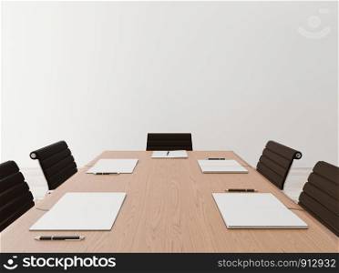 Close up empty meeting room with chairs, wooden table, notebook, concrete wall for copy space and mock up