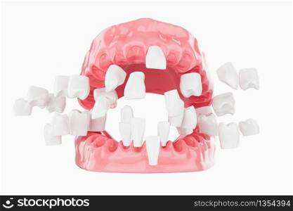 Close up Explode Beauty teeth health care on white background. Selective focus. 3D Render.