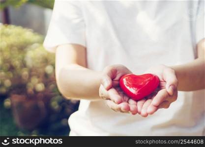 Close up female hands giving red heart on hands
