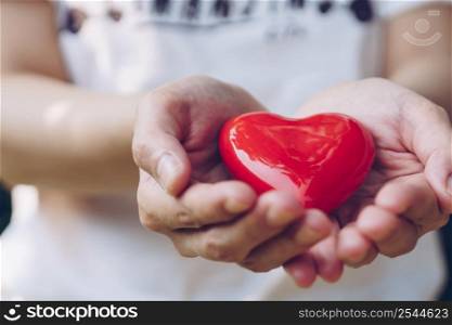 Close up female hands giving red heart on hands