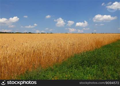 Close up field of green and ripe wheat or rye ears under clear blue sky, low angle view