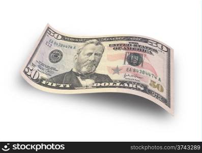 Close up fifty dollar banknote on white background