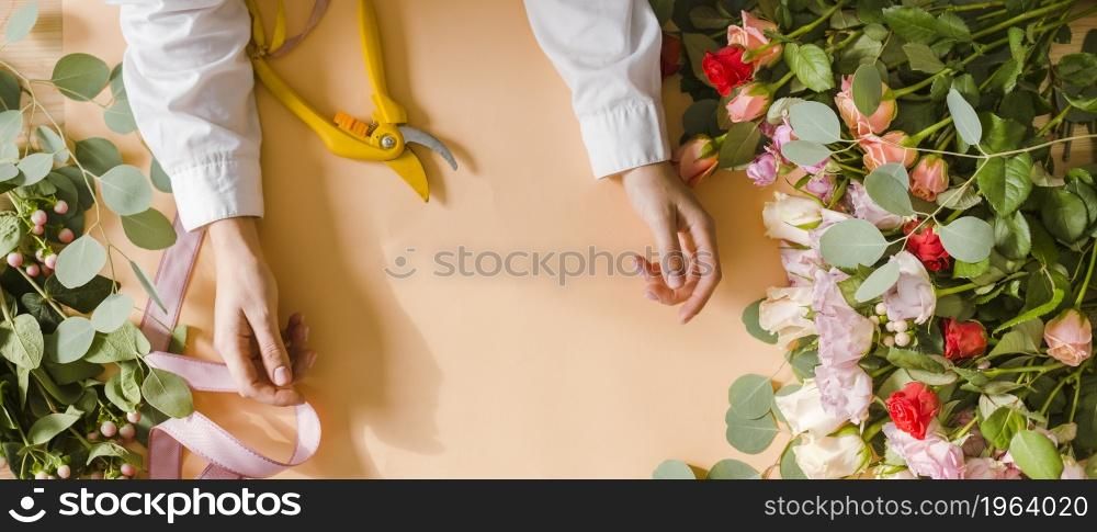 close up florist working table. High resolution photo. close up florist working table. High quality photo