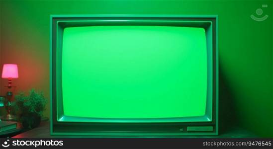 Close-up footage of a dated TV set with green screen