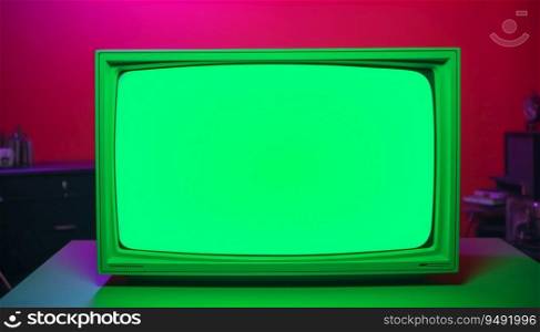 Close-up footage of a dated TV set with green screen