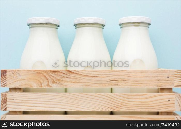 close up fresh bottles milk ready be served