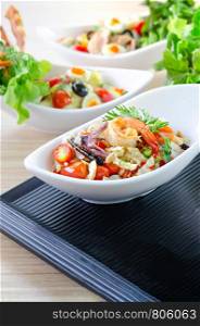 close up fresh vegetable spicy salad with seafood , Healthy nutrition lifestyle food. Healthy nutrition lifestyle food