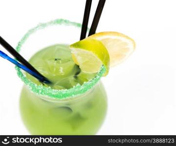 close up freshness cocktail with ice in glass with drinking straw
