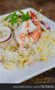 close up Fried rice with shrimp and squid. seafood fried rice