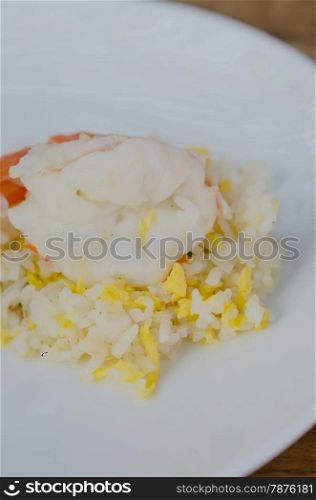 close up Fried rice with shrimp on dish. fried rice