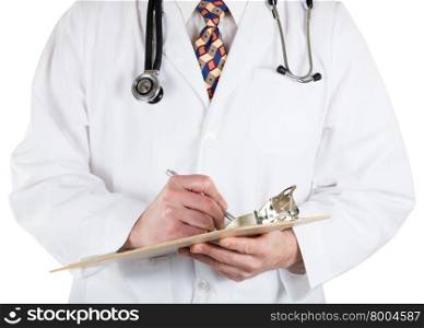 Close up front view of doctor holding clip board and pen.